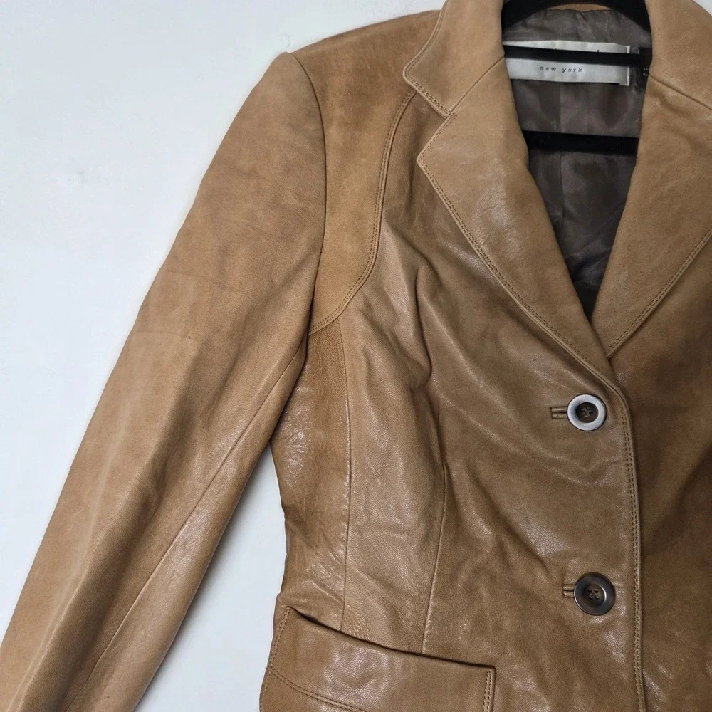 Charles Nolan New York Womens Camel Tan 100% Leather Jacket Blazer Size 6 Vtg